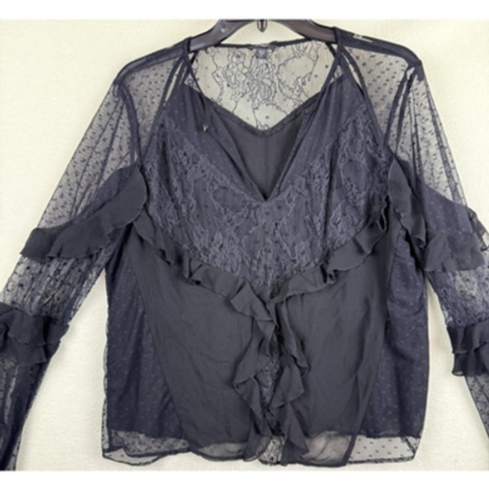 GUESS Black Sheer Lace Ruffle Blouse Point d'Esprit V-Neck Top Large